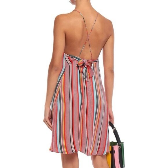 NWT Alice +‎ Olivia Kalia Red Multicolor Striped Halter Tieback Mini Dress LARGE - Picture 3 of 16